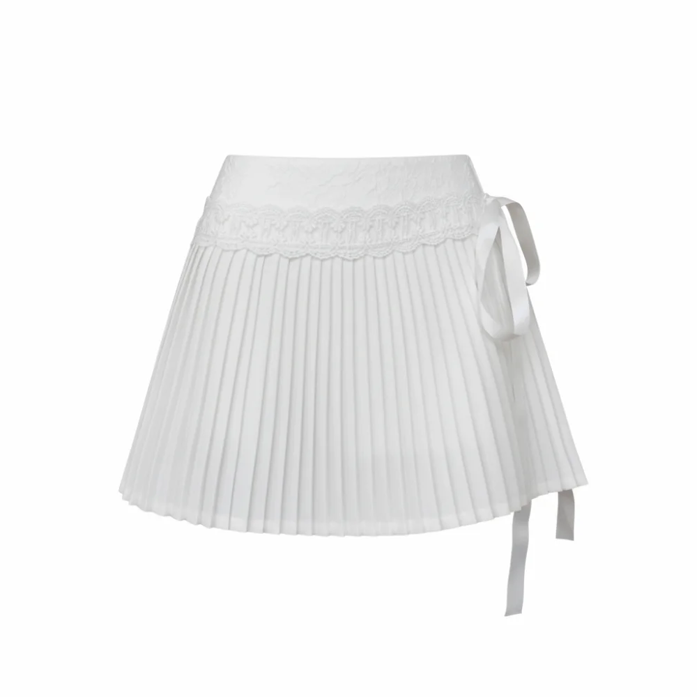 

White High Waist Pleated Skirt Multi-Size Lace Splicing Bow Short Skirt Gentle Wind Sweet Women's Fashion Accessories for Girls