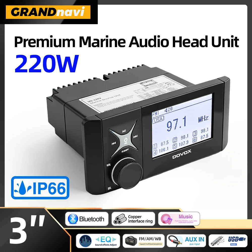 3inch Marine Bluetooth Stereo Receiver AM FM WB Radio Waterproof IP66 4X55W For Boat Yacht Power Sport Marine ATV UTV Golf Cart