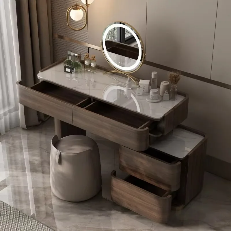 

Natural Brown Vanity Desk Drawers European Led Storage Lounges Dressing Table Bedroom Fluted Tocador Mueble Bedroom Furniture