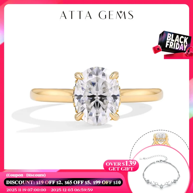 

ATTAGEMS 2.0CT Oval Cut Moissanite Diamond Ring for Women Halo Ring S925 Silver Yellow Gold Plated Engagement Bride Jewelry Gift