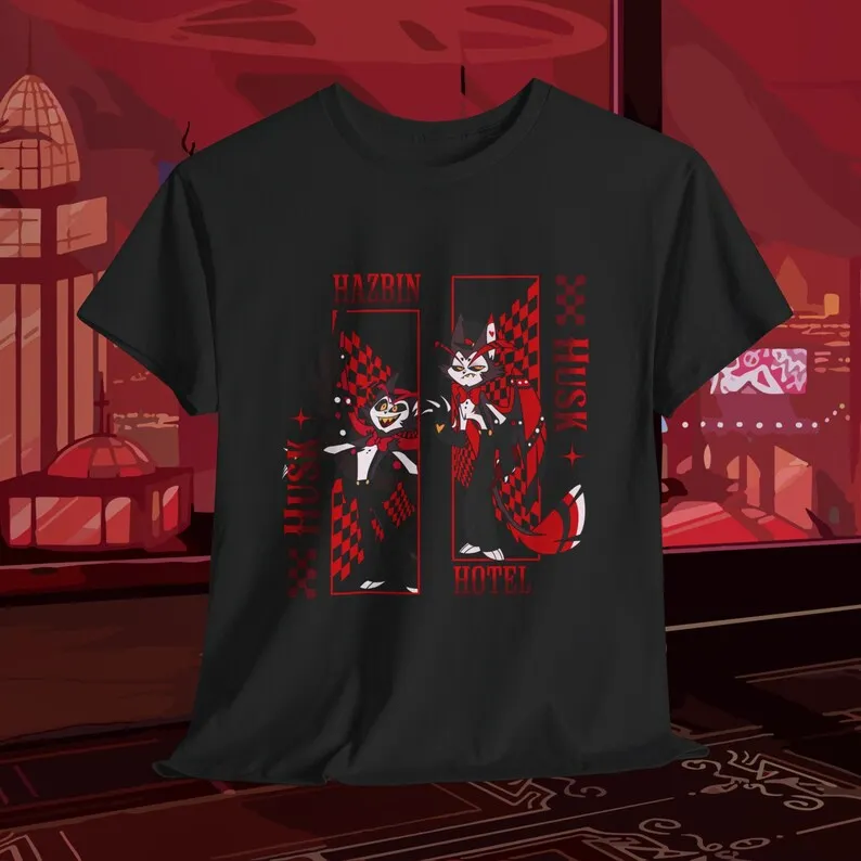 Hazbin Hotel Husk Themed T-Shirt: Black Base with Character Multi-Form & Checkerboard Pattern Design Fan Merch
