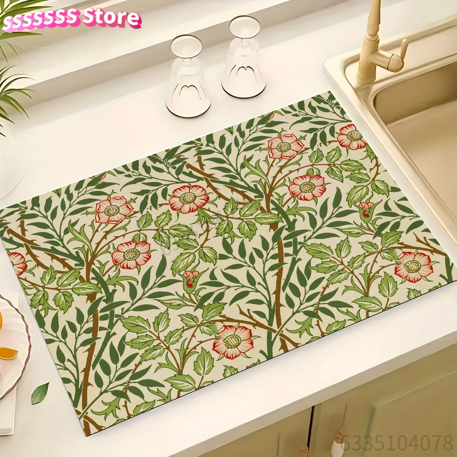 

William Morris Vintage Floral Dish Drying Mat - Absorbent, Non-Slip Countertop & Sink Protector for Kitchen and Patio Decor