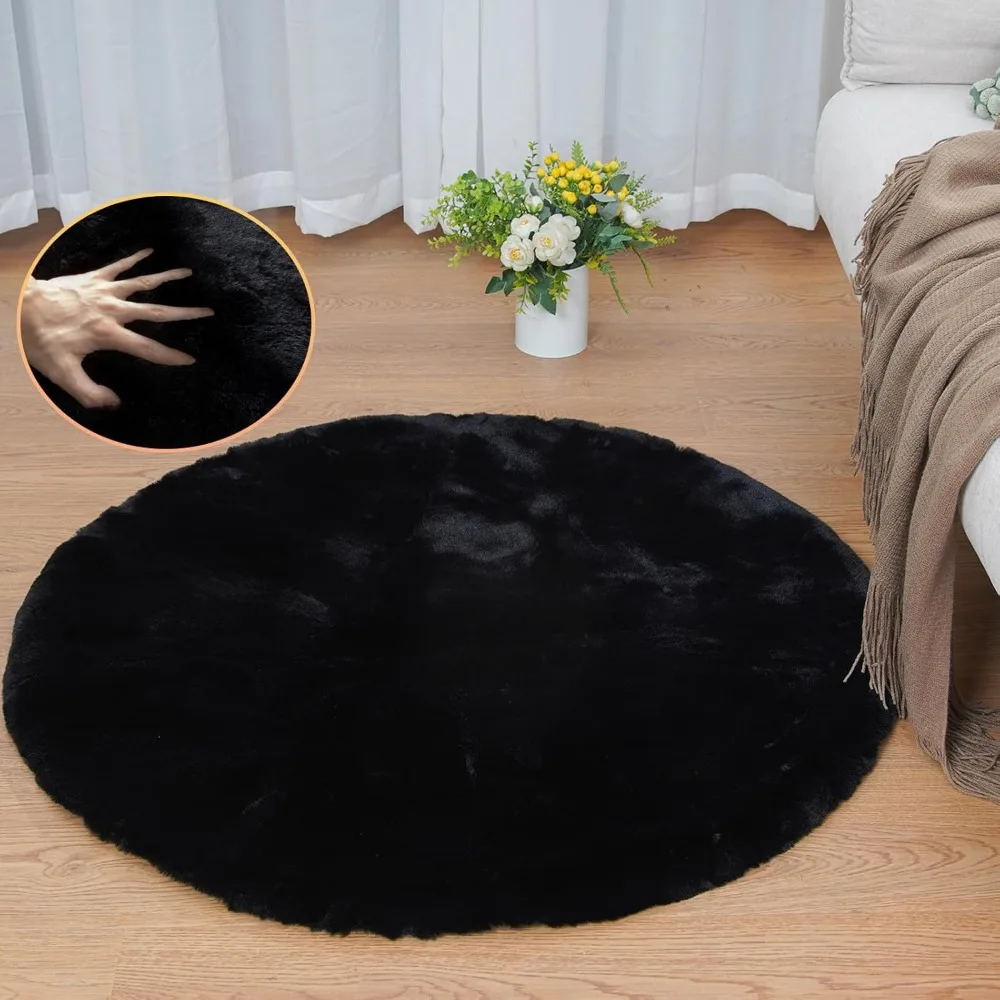

3ft Black Shaggy Faux Fur Round Rug – Washable, Soft for Bedroom or Nursery