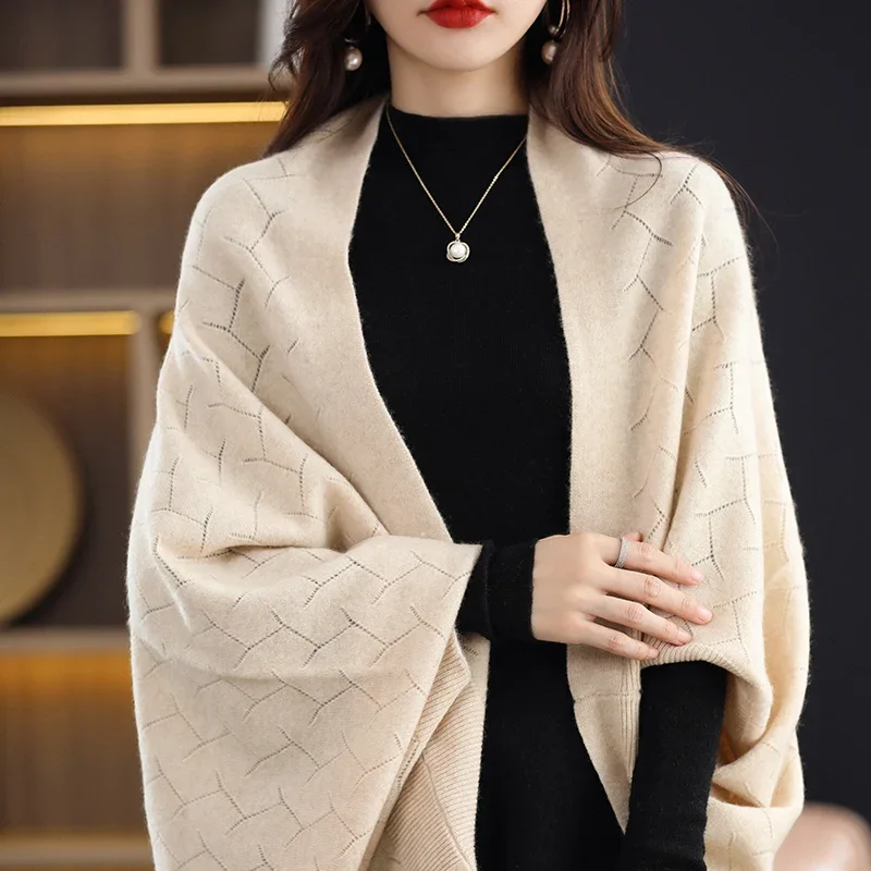 

New Arrival Autumn Winter Knit Women Scarf Solid 100% Pure Cashmere Poncho Hollow Out Fashion Capes Lady High Quality Scarves