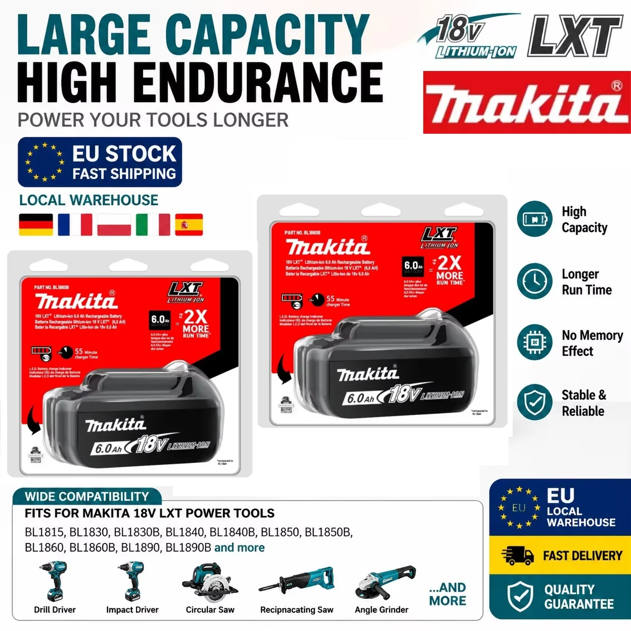 2026 100 % Original-Makita-Akku mit 18 V, 5 Ah, 6 Ah, 9 Ah, wiederaufladbarer Lithium-Akku, Makita-Akku mit hoher Kapazität für Elektrowerkzeuge + Ladegerät + Bohrer