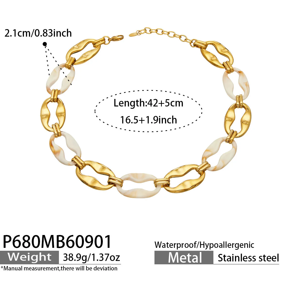 Chunky Link Choker Halskette 18k Vergoldete Edelstahl-Halskette mit Harz-Verzierungen und Ovaler Hohler Kette, Statement-Kragen-Halskette – Detail 8