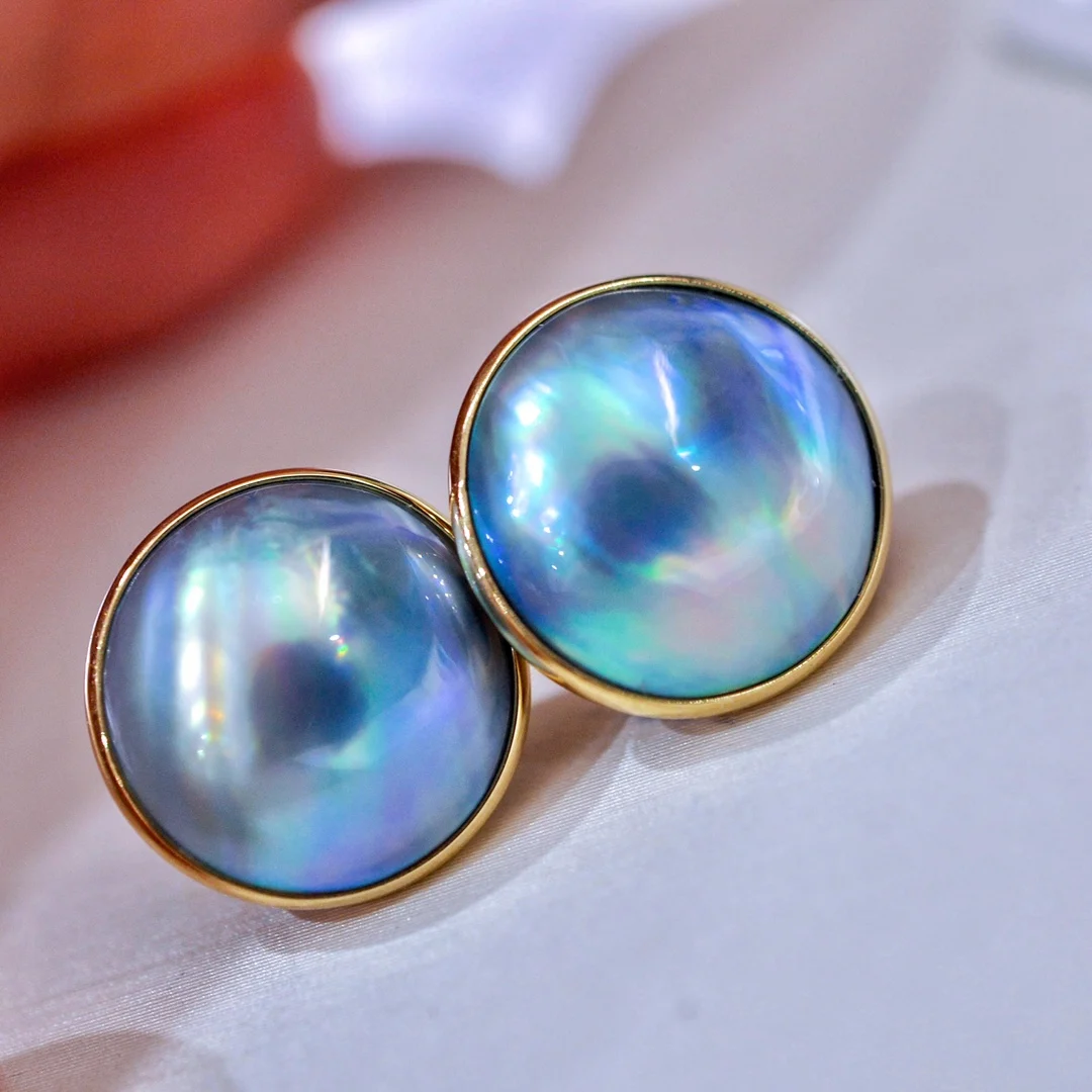 XX Fine Jewelry Pure 18 K Yellow Gold Natural Salt sea Water Mabe Pearls 14-15mm Earrings for Women Fine Pearl Earrings