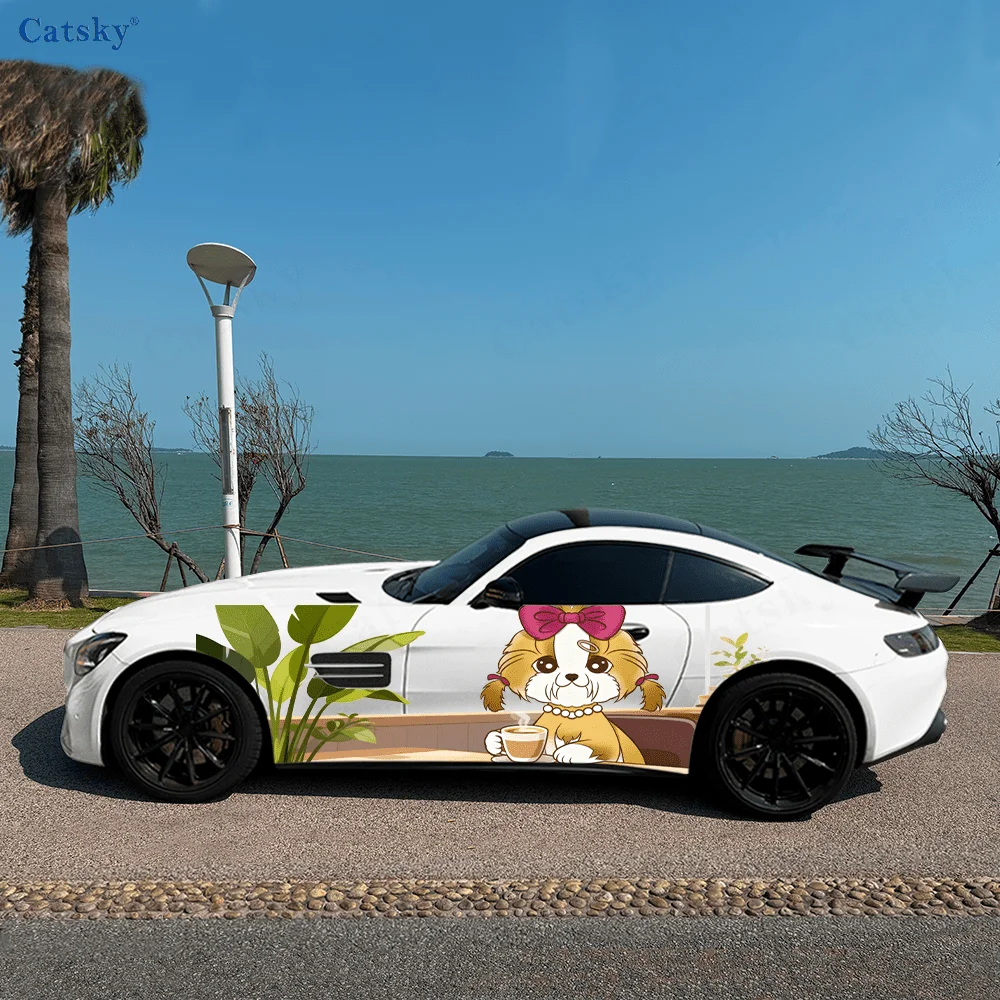 Cute Shih Tzu Taste Coffee Car Vinyl Wraps Decal Self-adhesive PVC Sticker Suitable for Trucks SUV Decor Auto Accessories Gift