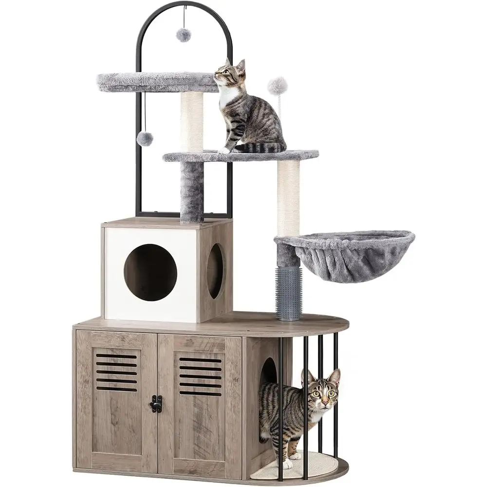 All-in-One 31.5 Cat Tree with Litter Box Enclosure, Arched Design, Sisal Posts, Hammock for Indoor Cats, Grey and Beige