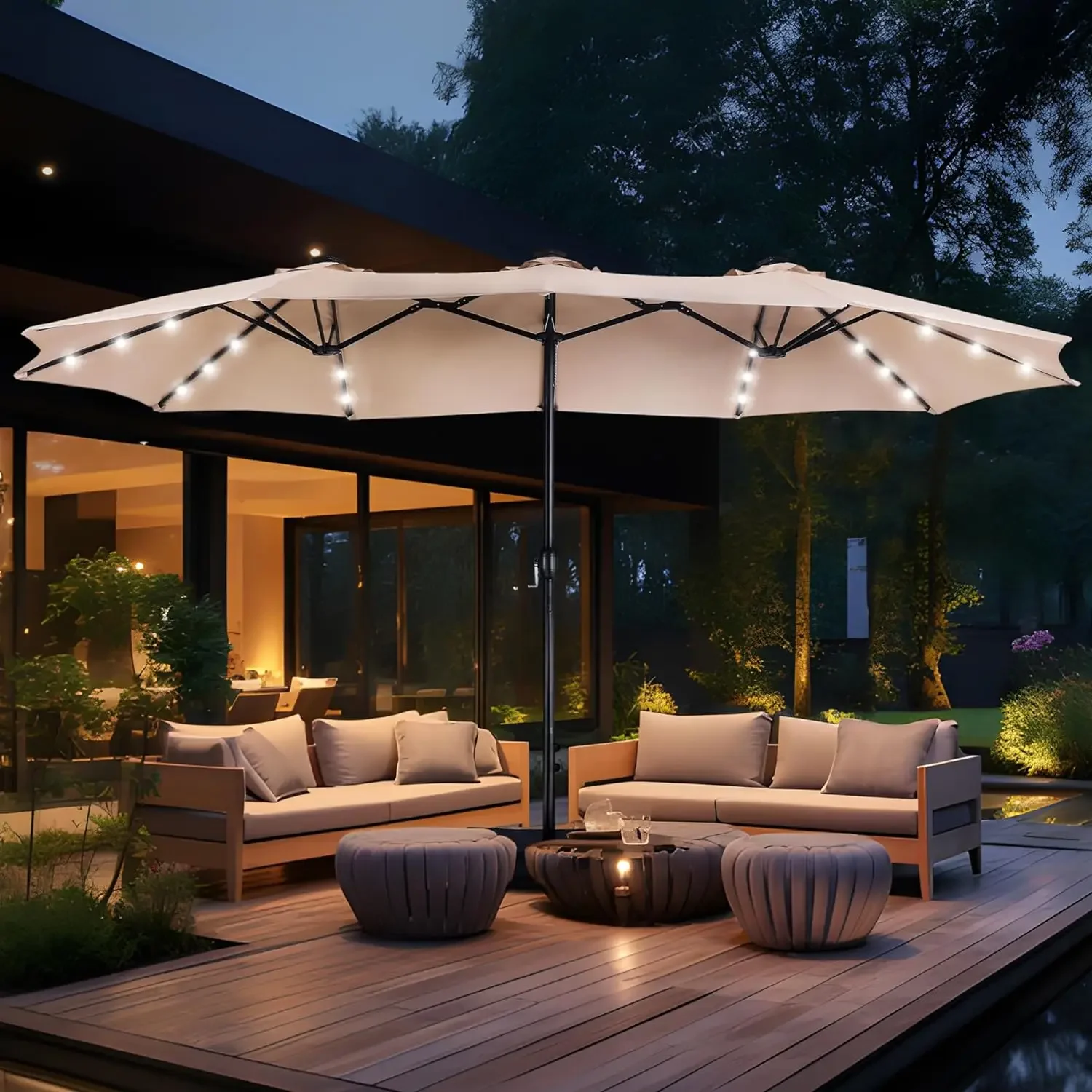 

15ft Double Sided Patio Umbrella with Solar Lights, Outdoor Large Rectangular Market Umbrellas with Base Included,