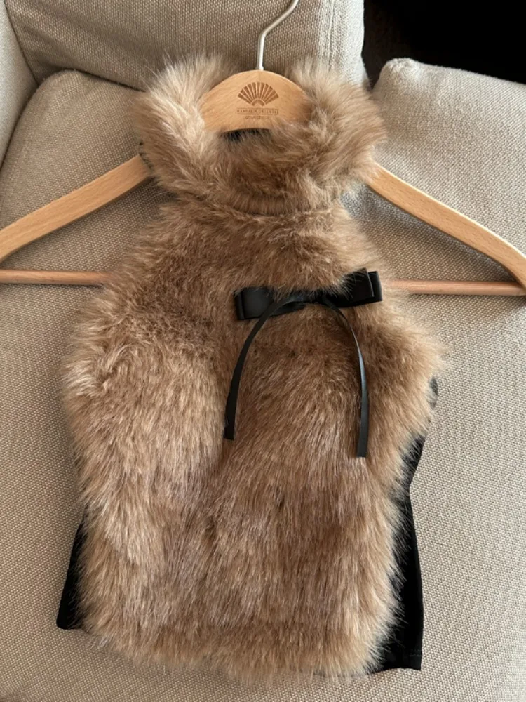 環境に優しいファーのハイカラーベスト、女性用結び目付き、秋と冬のインナーウェアトップ