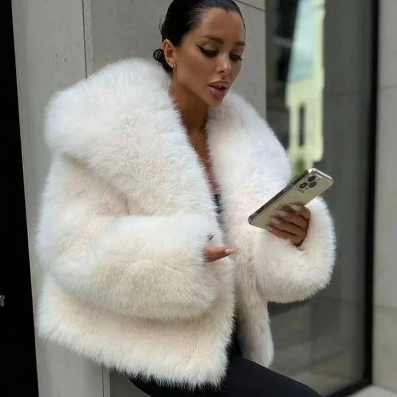 Fake fur coat for women large lapel faux fur jacket for women Fluffy casual fox fur coat for women