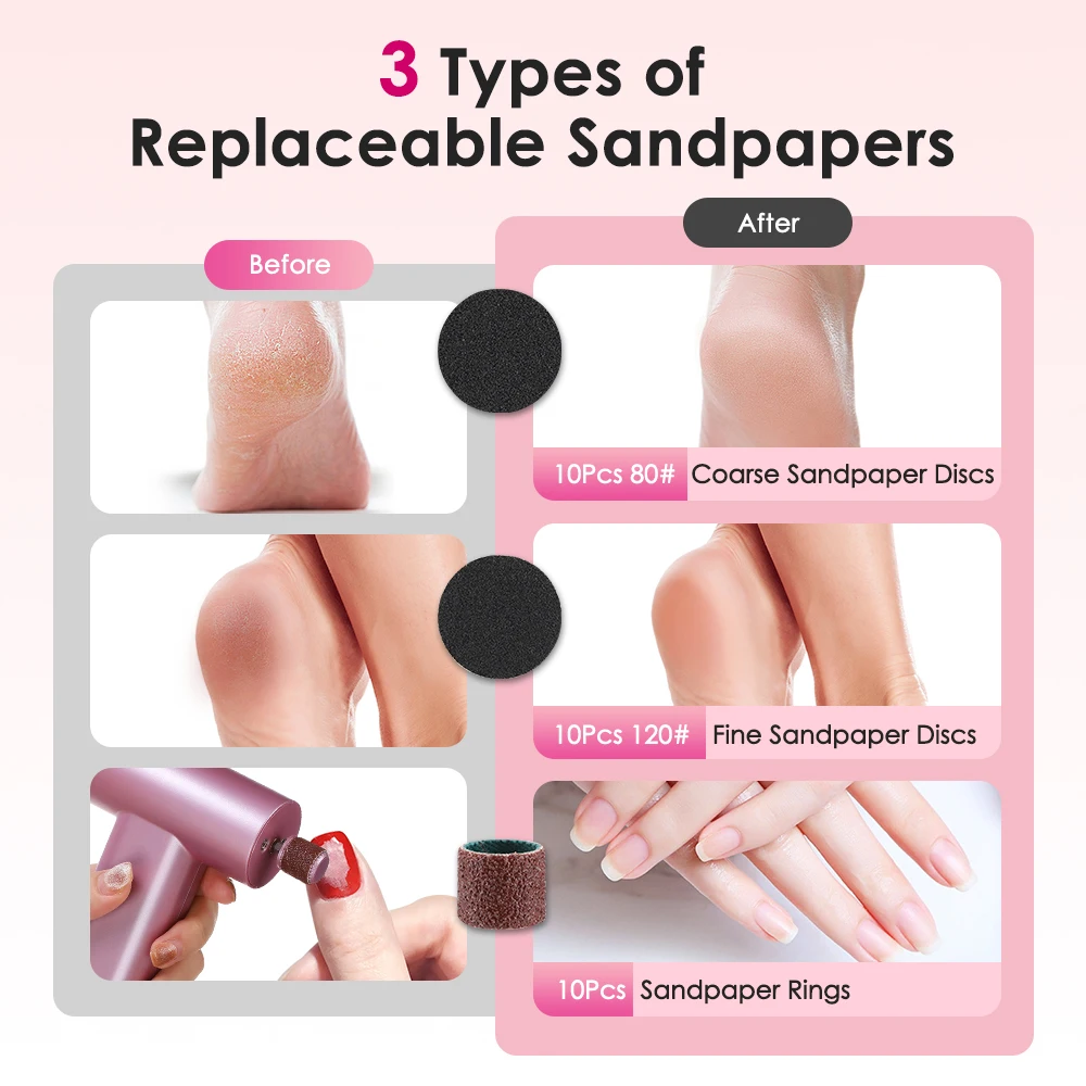 Strumenti per pedicure con smerigliatrice per unghie elettrica ricaricabile per rimozione calli del piede 3 in 1 con carte vetrate da 20 pezzi