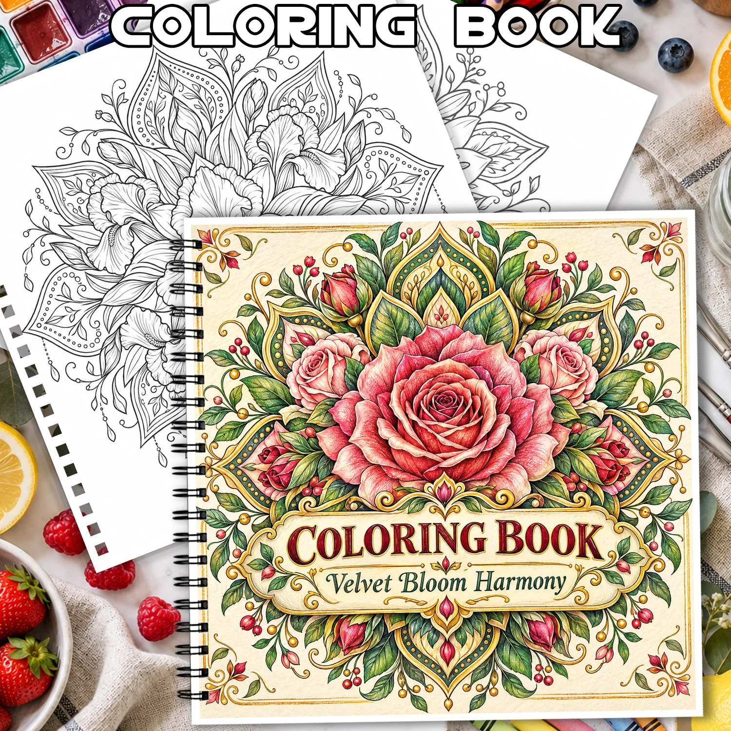 Spiral Binding Coloring Book Velvet Bloom Harmony Floral Design For Adults Teens Showcasing Creativity Relieving Stress Notebook