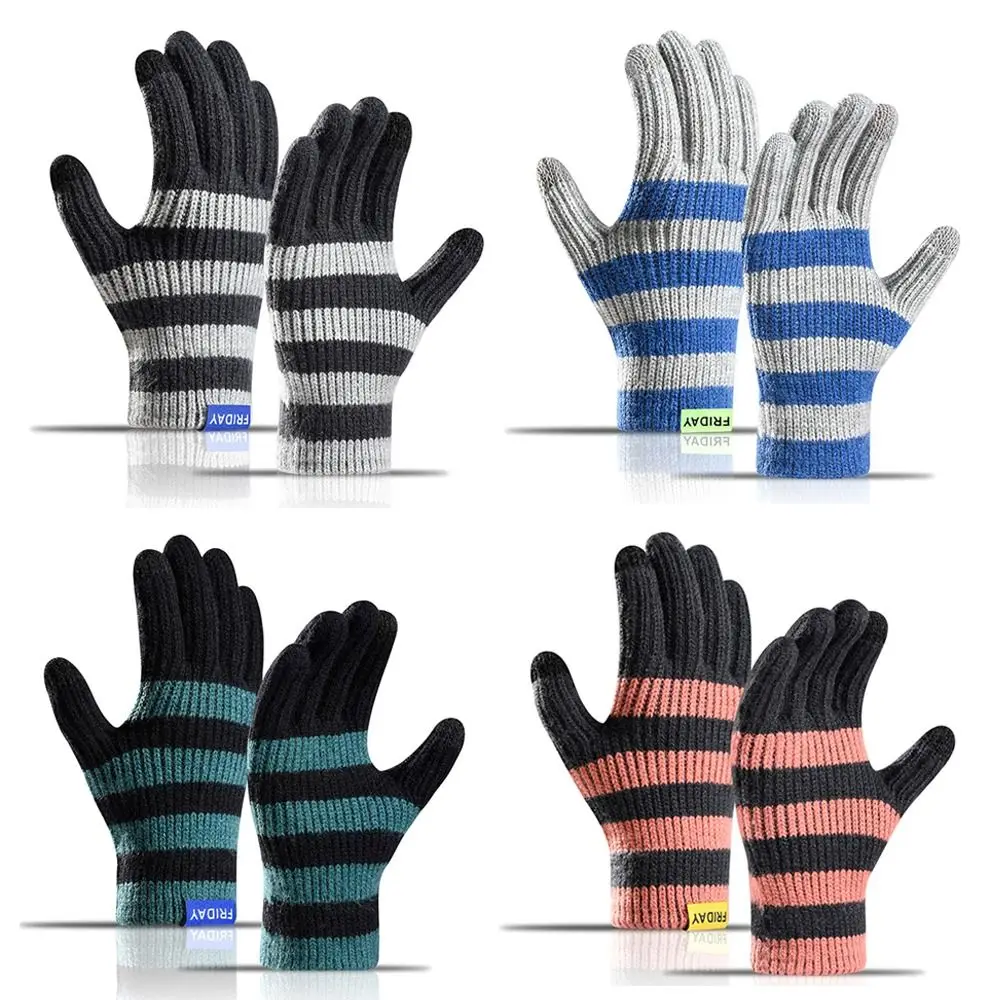 Fashion Knitting Warm Gloves Touch Screen Elastic Knitted Mittens Stripe Stretch All Finger Gloves for Men