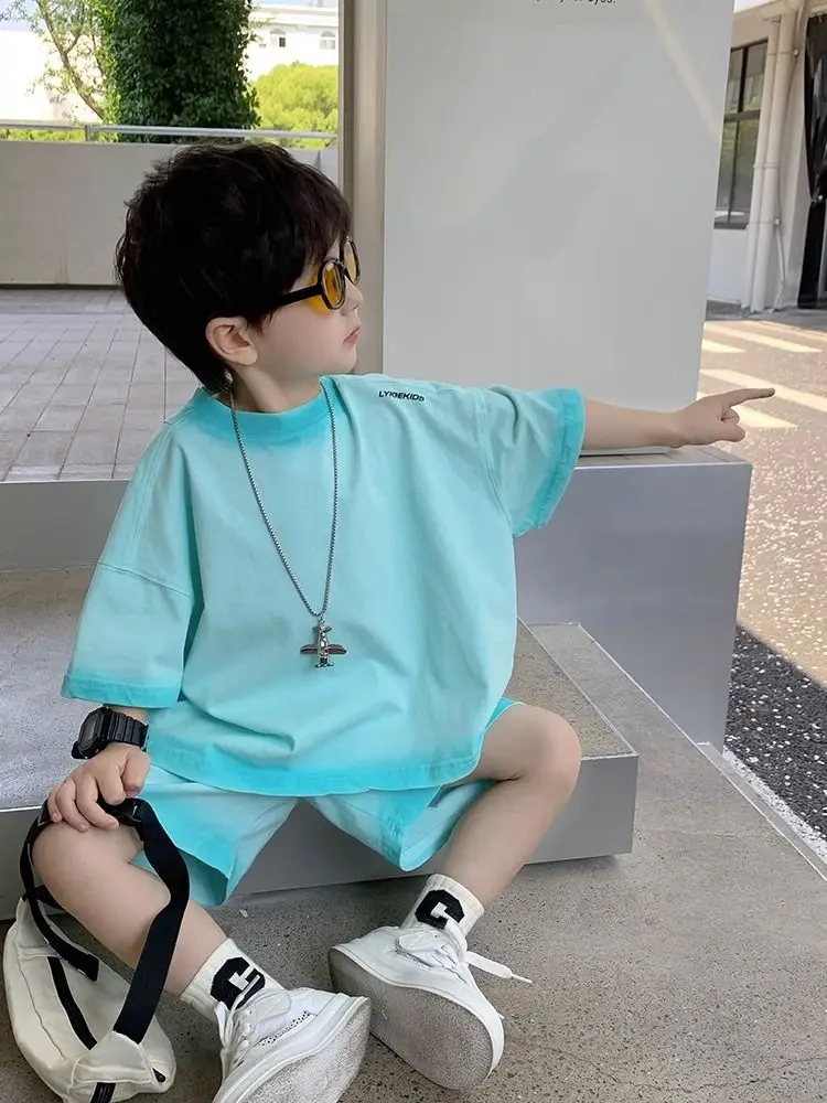 Boys Summer Suit T-shirt for Childrens 2024 New Summer Trendy and Stylish Pure Cotton Sports Style Two-piece Set Boys Clothes