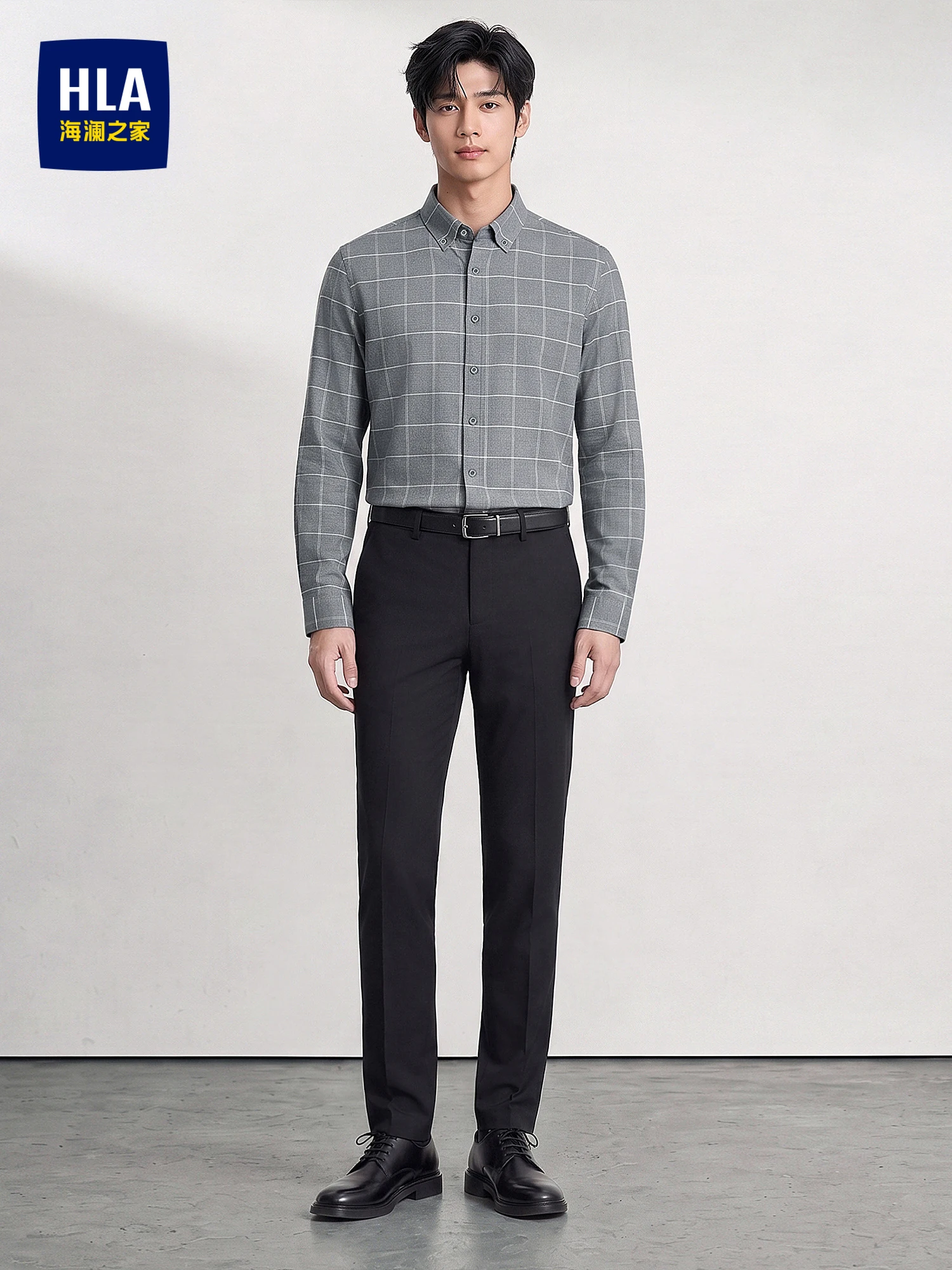 Casual HLA Sea Home Woolen Long Sleeve Shirt Autumn New Color Block Plaid Point Collar Button Men's Standard Fit Printed Poly...