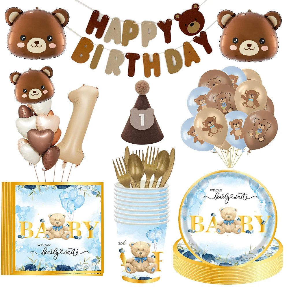 we can bearly wait baby shower supplies bear balloon Bear Party Plates Napkin cups Baby Teddy Bear Birthday Party decor Supplies