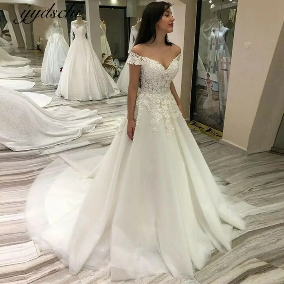 

Off the Shoulder White/Ivory Wedding Dresses for Women 2025 Tulle Lace Up Appliques Court Train A-Line Beading Vestido De Novia