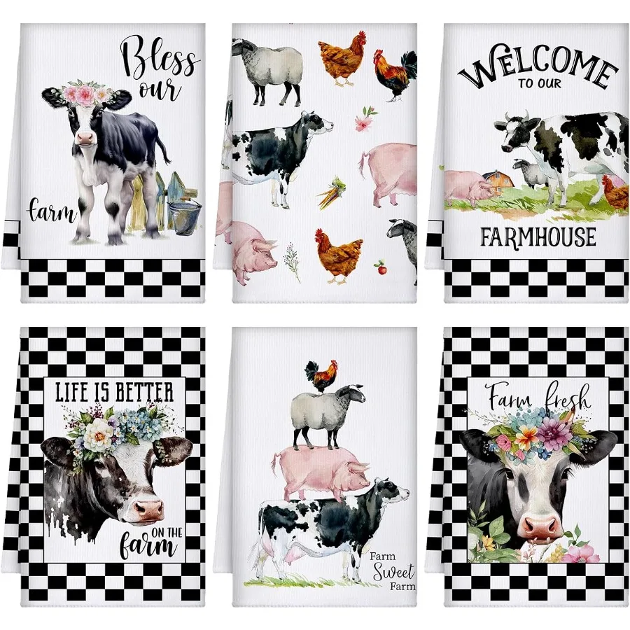 

6 шт. кухонные полотенца для фермерского дома с принтом коровы, кухонные полотенца для рук, винтажные салфетки для коровьего блюда для дома, любителей сельскохозяйственных животных B