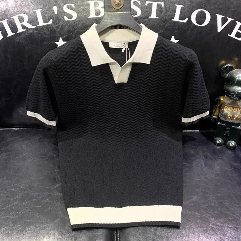 

Новая летняя мужская футболка с контрастным воротником из ледяного шелка, модная и индивидуальная повседневная базовая трикотажная кофта с коротким рукавом