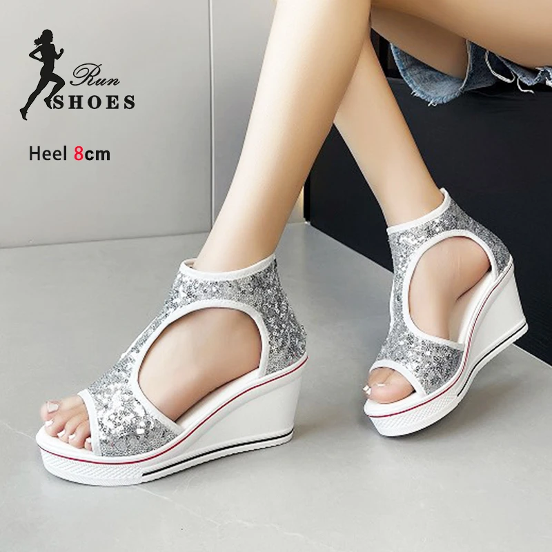 

Удобные женские босоножки на танкетке, ткань с пайетками 8 см, летние туфли с открытым носком, уличные повседневные босоножки на высоком каблуке с молнией сзади