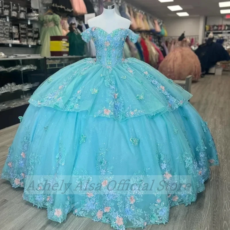 Foto reali Aqua Blue Lace Quinceanera Dress Ball Gown scollo a V Lace Up Floral Girls Birthday Party Prom Gown Vestido15 vx Anos