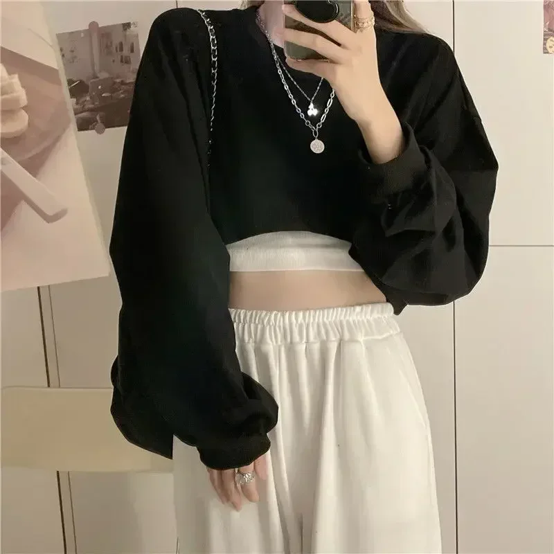 Streetwear Women Sexy Solid Cropped Sweatshirts Oversize Loose Harajuku Pullovers T Shirt Spring Korean Chic Casual Tops Y2K