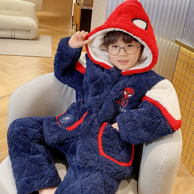 Marvel Spider Man Children Pajamas Sets Flannel Warm Hooded Women Men Winter Unisex Cartoon Pajamas Kid Christmas Birthday Gifts