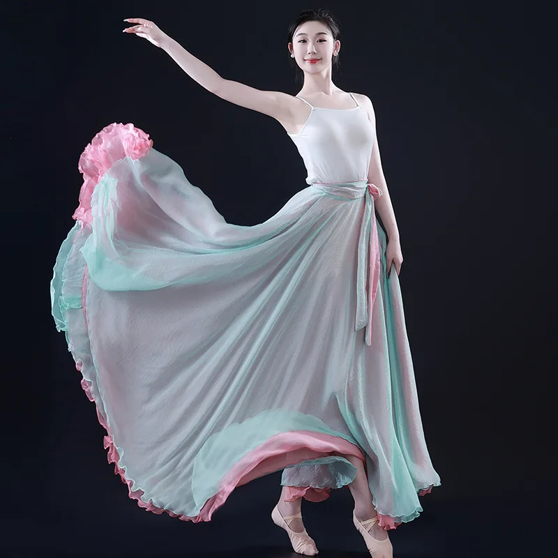 900 Degree Mesh Dance Skirt Women Lace Up Split Maxi Skirt Classical Modern Folk Dance Training Stage Wear Soft Flowy Fabric