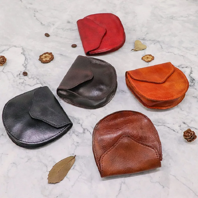 Retro Genuine Leather Coin Purse for Men Horseshoe Design Small Flap Wallet Square Handmade Female Leather Mini Card Holder 2023