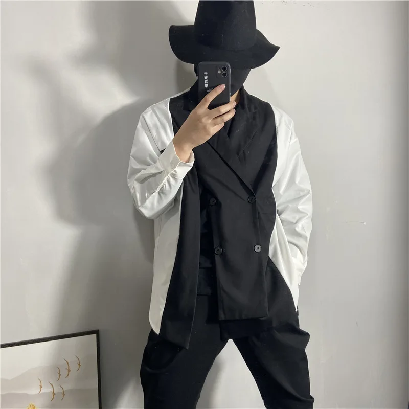 Men's Loose Korean Personalized Side Slit Shirt Spring Large Japanese Fashion Suit Collar Long Sleeve Shirt