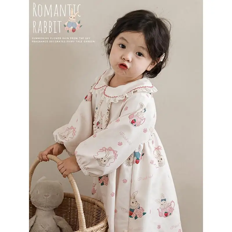 Autumn Spring Long sleeve Spanish Vintage Cute Embroidery Cartoon Dress Girl Kids Lapel Dresses A-Line Party Wear Elegant Clothe