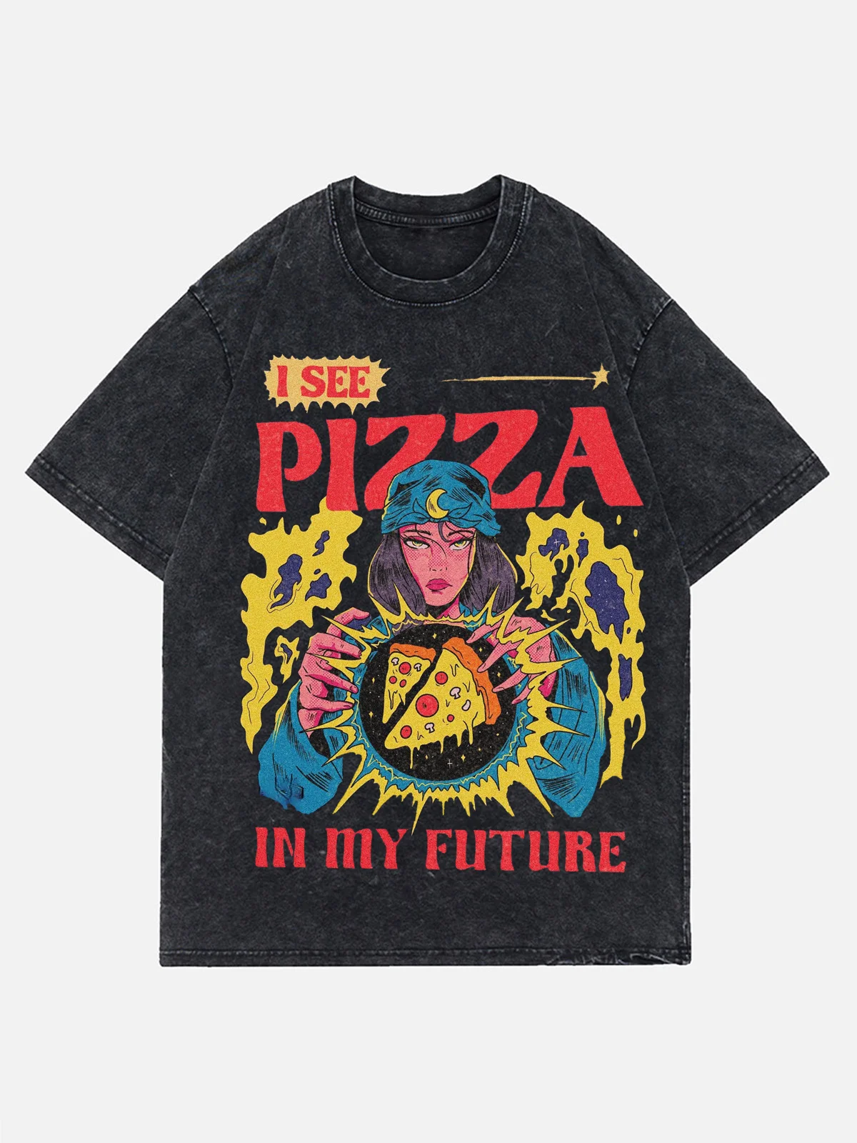 Pizza Magic Ball Wash Denim T Shirt Men Women Y2K Cotton Tshirt Unisex Harajuku Streetwear T-shirt