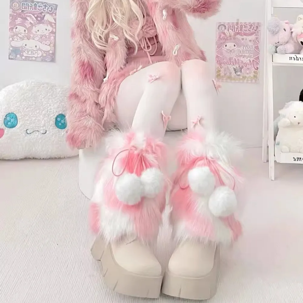 Harajuku Y2k Girls Furry Plush Ball Leg Warmers Socks Japanese Lolita Kawaii Sweet JK Fluffy Fleece Winter Warm Boot Leg Cover