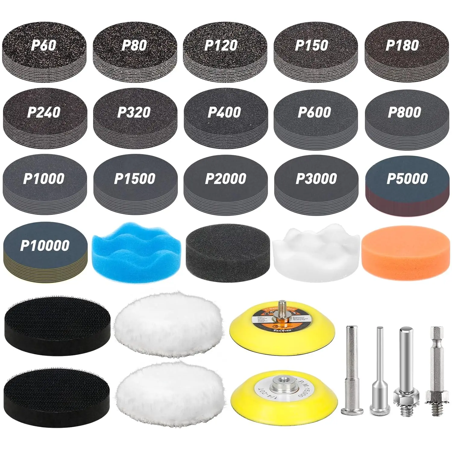 

174Pcs 3 Inch Wet Dry Sanding Discs Grit 60-10000 with Hook and Loop for Drill Sanding Attachment