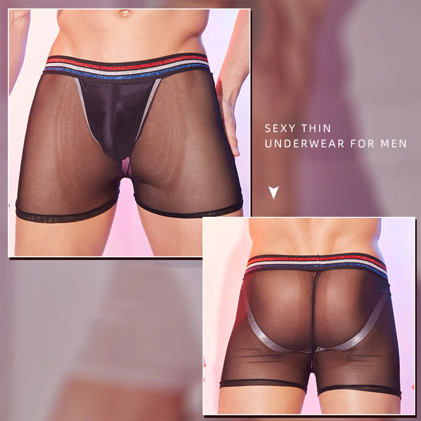 

Mens Sexy See Through Underwear Striped Elastic Waistband Bulge Pouch Boxer Briefs Sheer Mesh Smooth Jockstraps Underpants