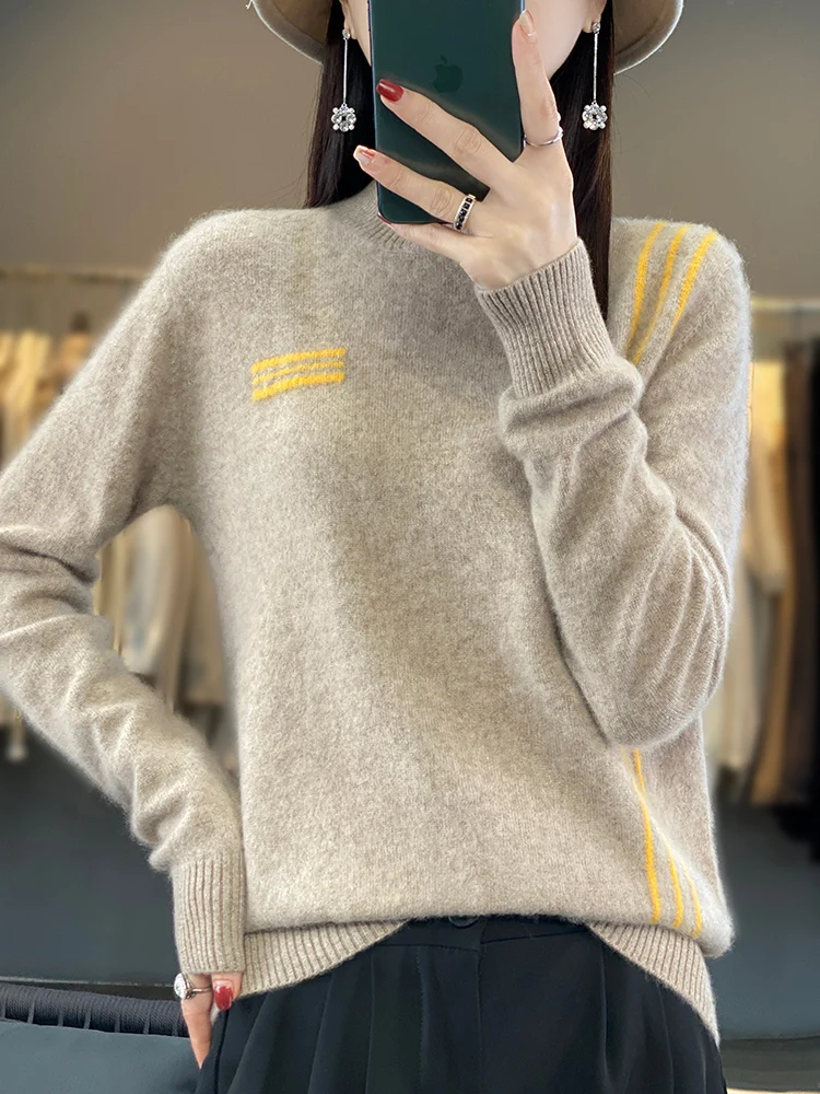 Autumn Winter 100% Merino Wool Women's Sweater Mock-neck Pullover Cashmere Knitwear Clothing Korean Popular Female Jumper Tops