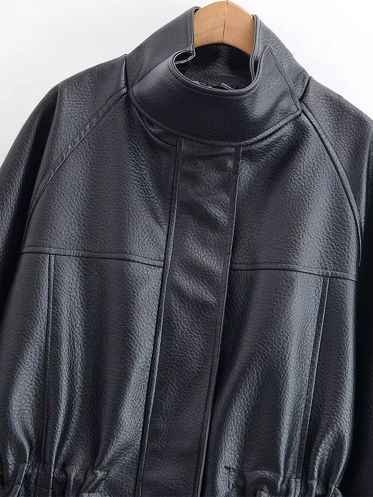 TFAFXY 여성 가죽 재킷 블랙 긴 소매 지퍼 포켓 스탠드 칼라 여성 코트 2026 봄 가을 신상 아우터 Y2K