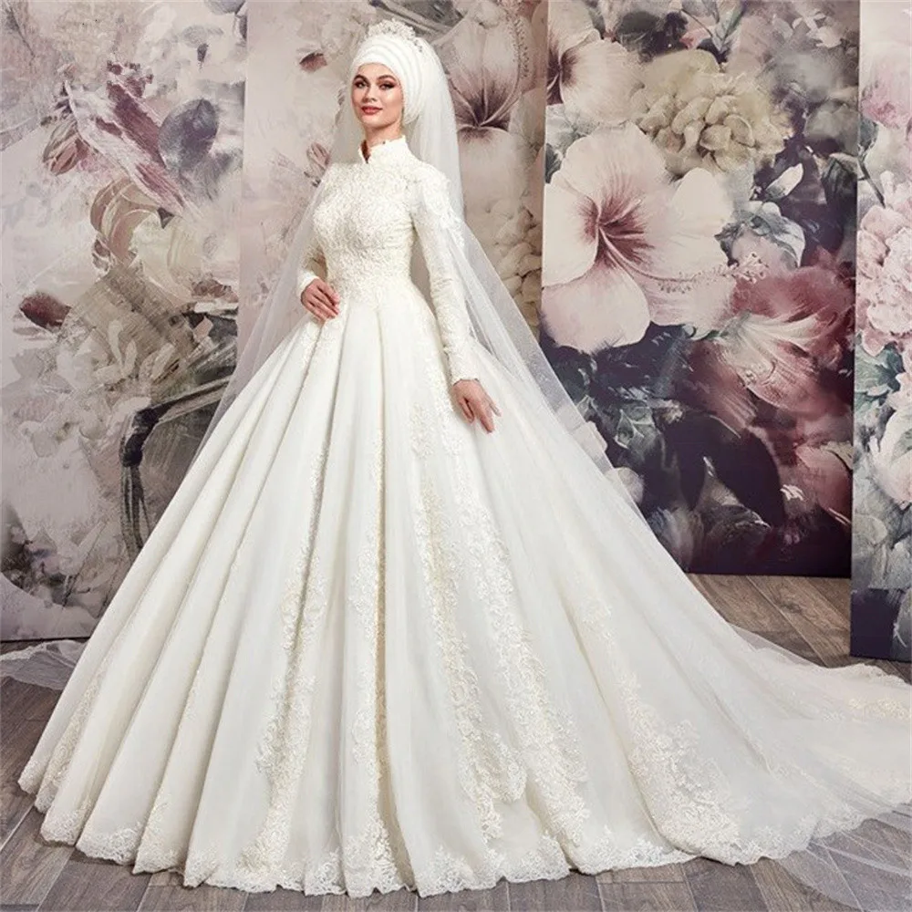 

Luxury Muslim Wedding Dresses High Neck Long Sleeve Tulle Lace Applique Beading 2024 New Bridal Gown Customize Robe De Mariage