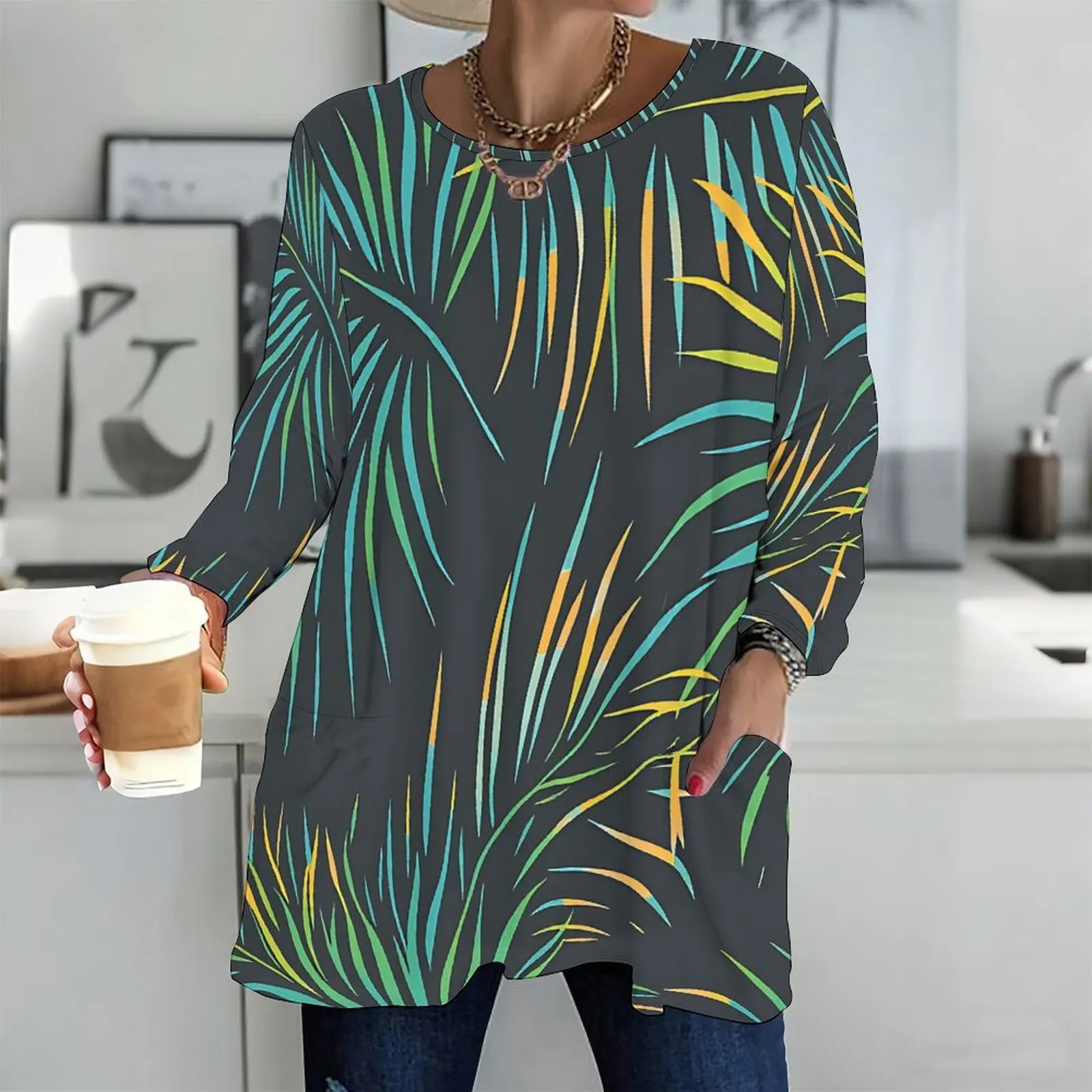 Printed Top for Women Round Neck Long Sleeve Front Pockets Loose Fit Longline 2