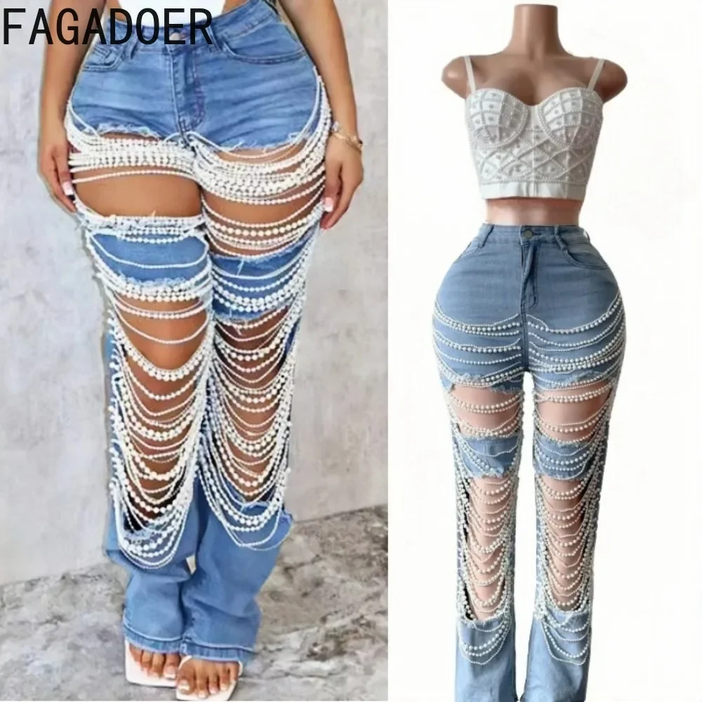 

FAGADOER New Women's Jeans Fashion Pearl Patchwork Hollow Denim Pants Ladies Stretchy Quality Casual Denim Hole Jeans For Women