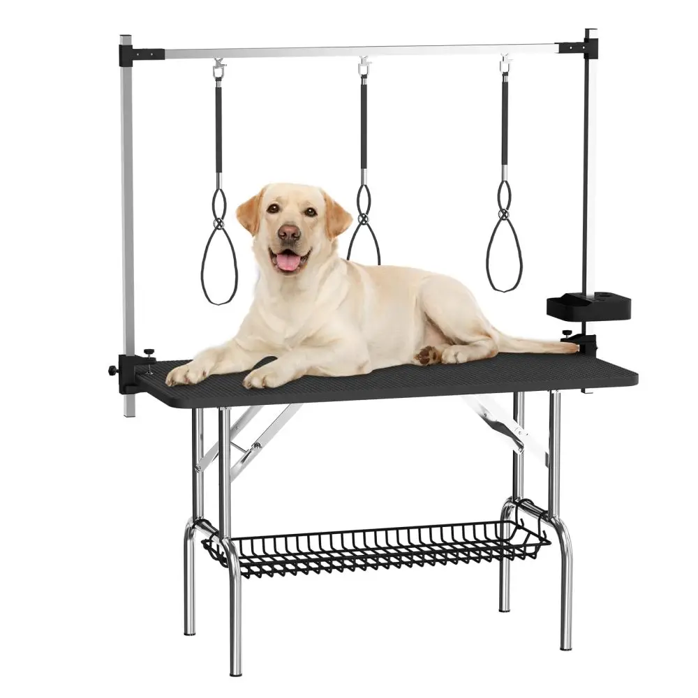 

47'' Large Foldable Stainless Steel Dog Grooming Table: Adj Arms, Nooses, Mesh Tray & Tool Organizer