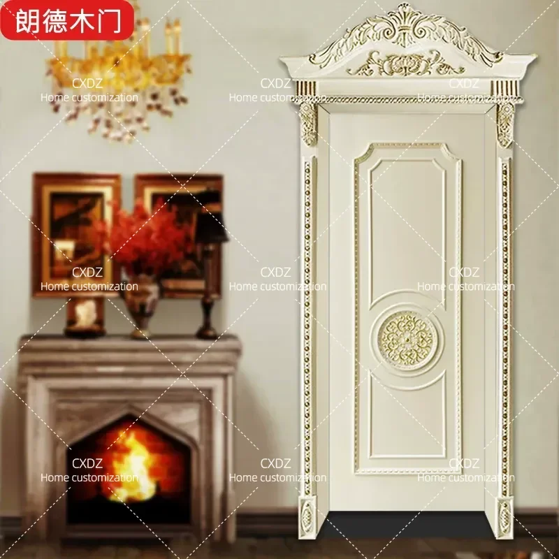 Ivory Beige French European Style Carved Gold Swing Door Composite Multi Layer Solid Wood for Bedroom Kitchen Bathroom