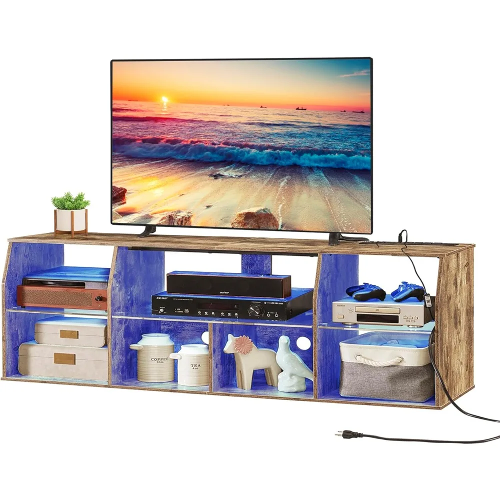 

TV Stand with LED Strip & Power Outlets, Industrial Entertainment Center for 45/50/55/60/65/70 inch TVs, 7 Open Storage