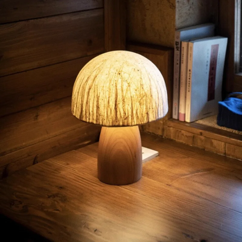 Walnut Wood Mushroom Rice Paper, Simple Modern Retro Wabi-sabi, Table Lamp for Bedroom, Bedside, Living, Dining Room, Study Room