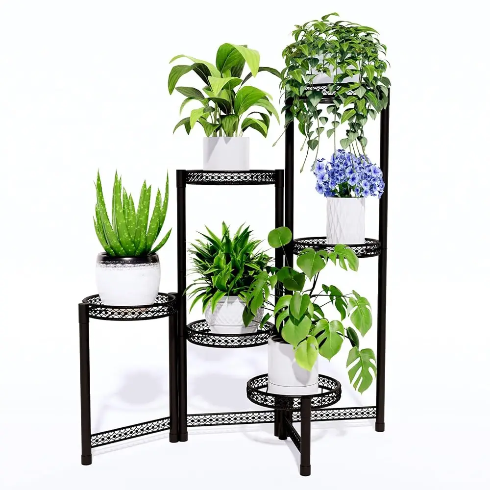 

6-уровневая металлическая подставка для растений в помещении и на открытом воздухе - угловая высокая полка для растений для нескольких растений, складной прочный держатель для растений -