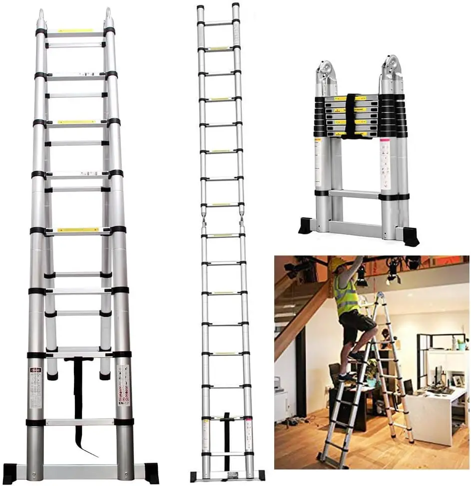 Escada Telescópica Multi-Purpose com Barra Estabilizadora para Casa, Uma Estrutura, Alumínio, Extensão Telescópica, 3.8m, EN131