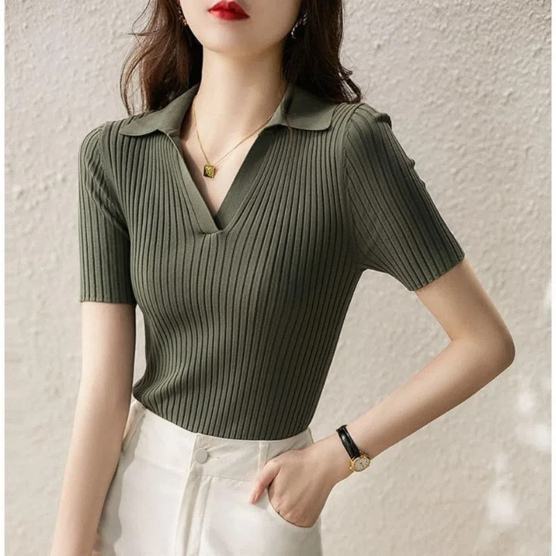 Polo Neck Slim Ice Silk Short Sleeve T Shirts Women's Summer New Solid All-match Office Tops Tees Elegant Temperament Clothing