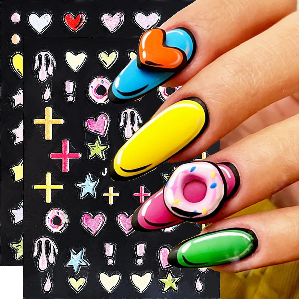 5D Embossed Comic Cartoon Nail Art Stickers Dopamine Style Flowers Heart Stars Letters Doughnut Decals Manicure Decor LEBJI-5D66